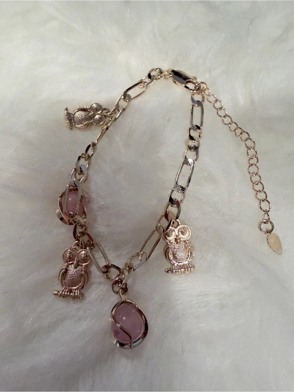 Gold plated Owl Charm Bracelet with Pink Gem Accents